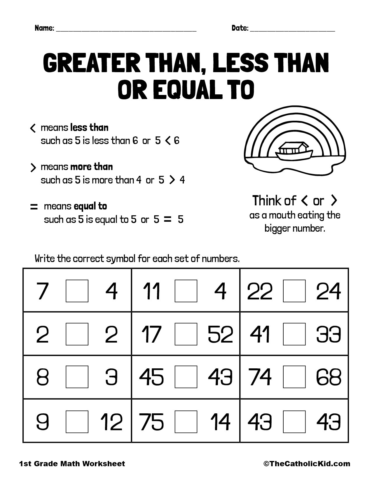 Greater Than or Less Than - 1st Grade Math Worksheet Catholic ...
