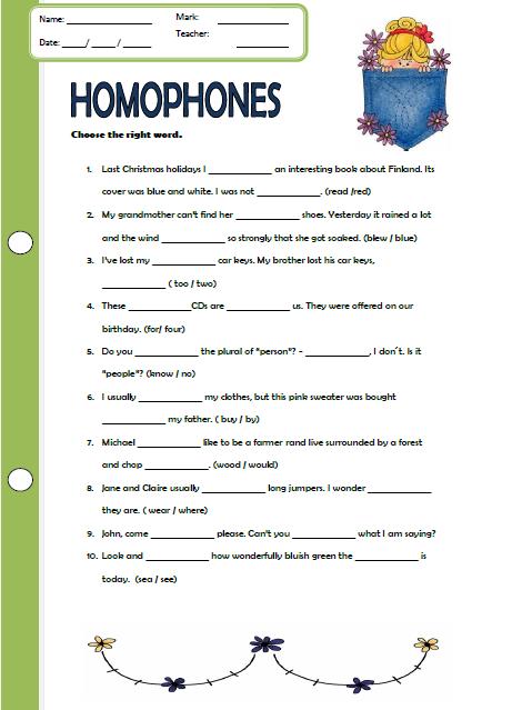 worksheet on homophones