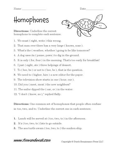worksheet on homophones