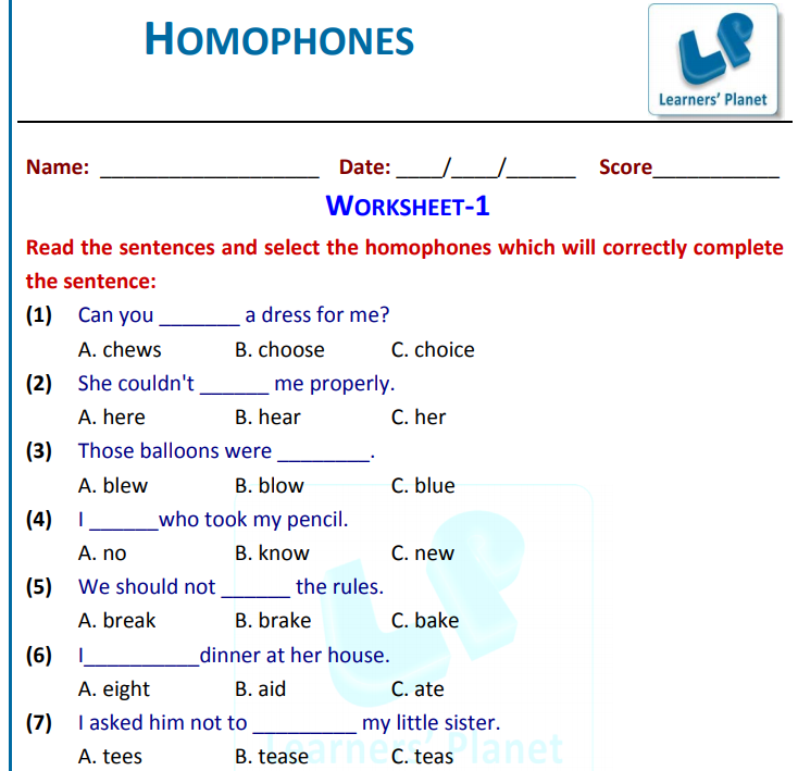 worksheet on homophones