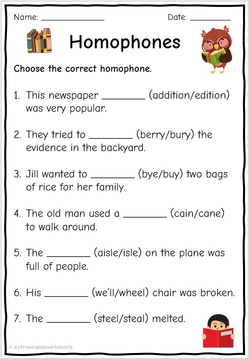 worksheet on homophones