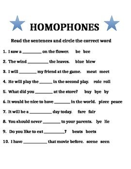 worksheet on homophones