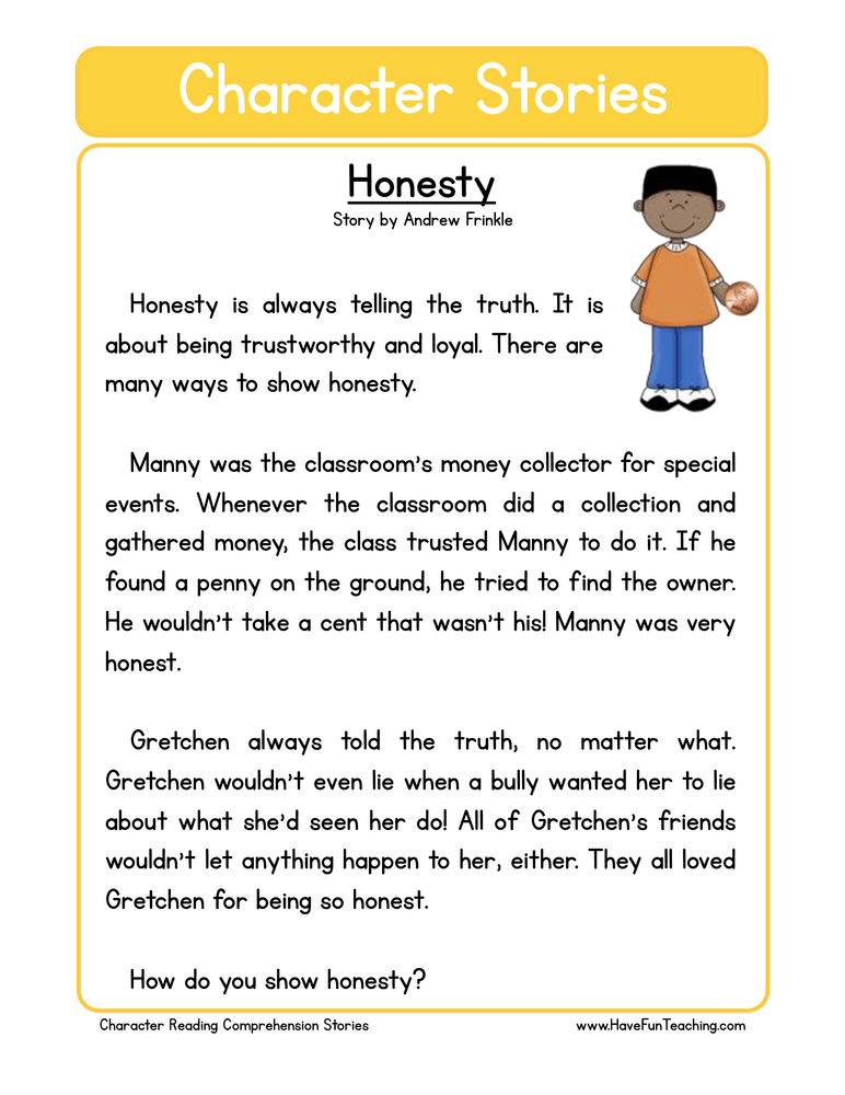 Honesty Character Reading Comprehension Worksheet  