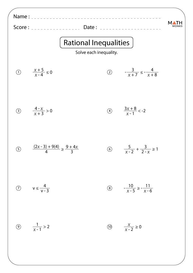 Rational Inequalities Worksheets with Answer Key