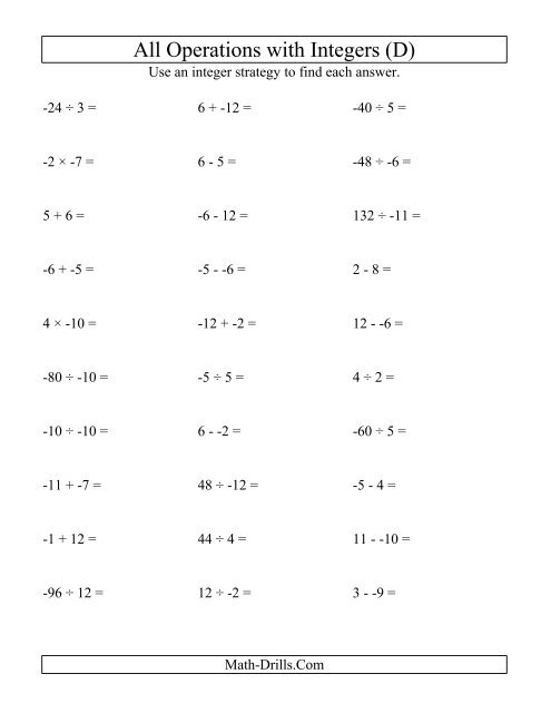 Integers Worksheet -- All Operations with Integers (Range -12 to ...