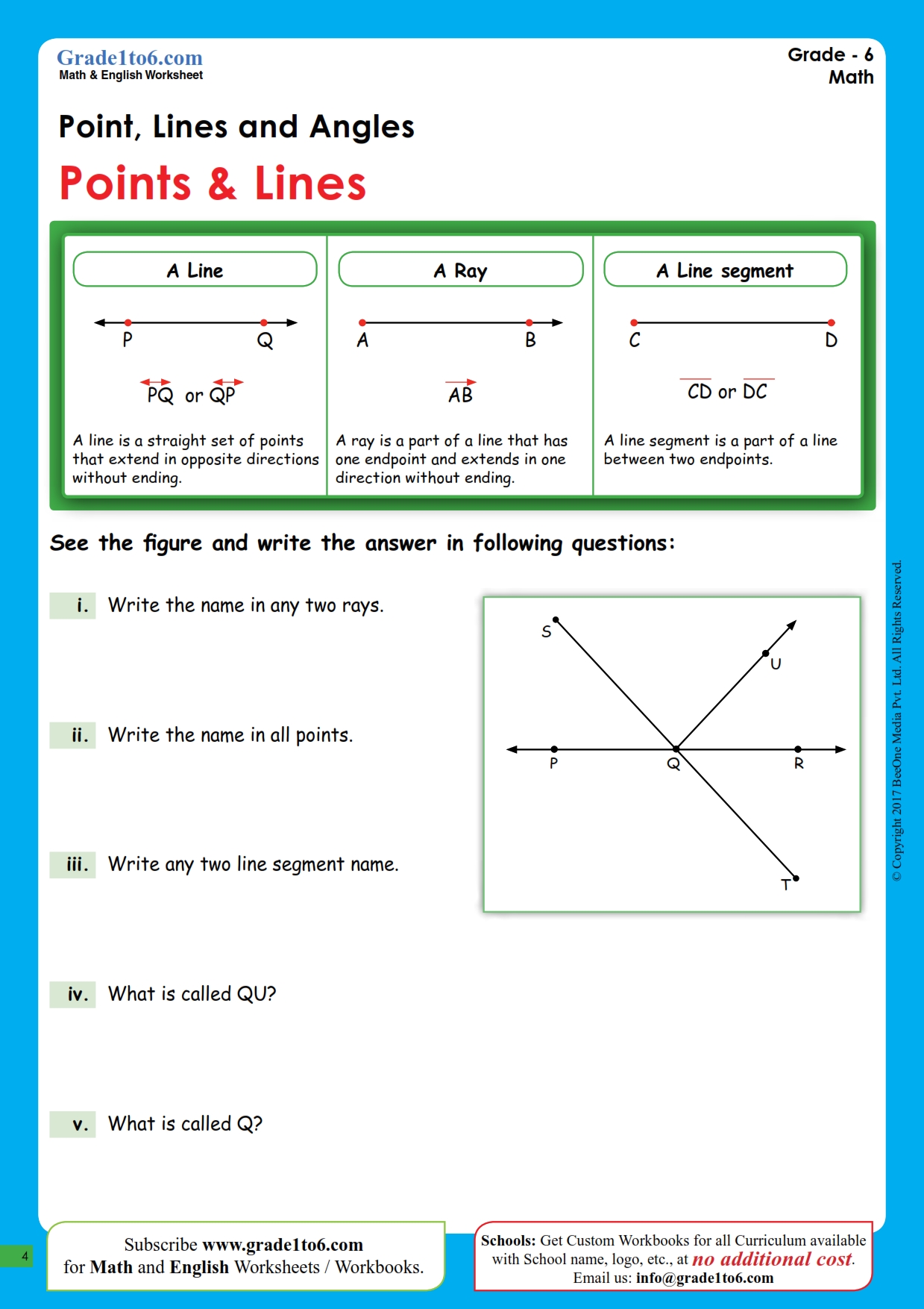 Point, Line, Ray and Segment Worksheet | Grade1to6