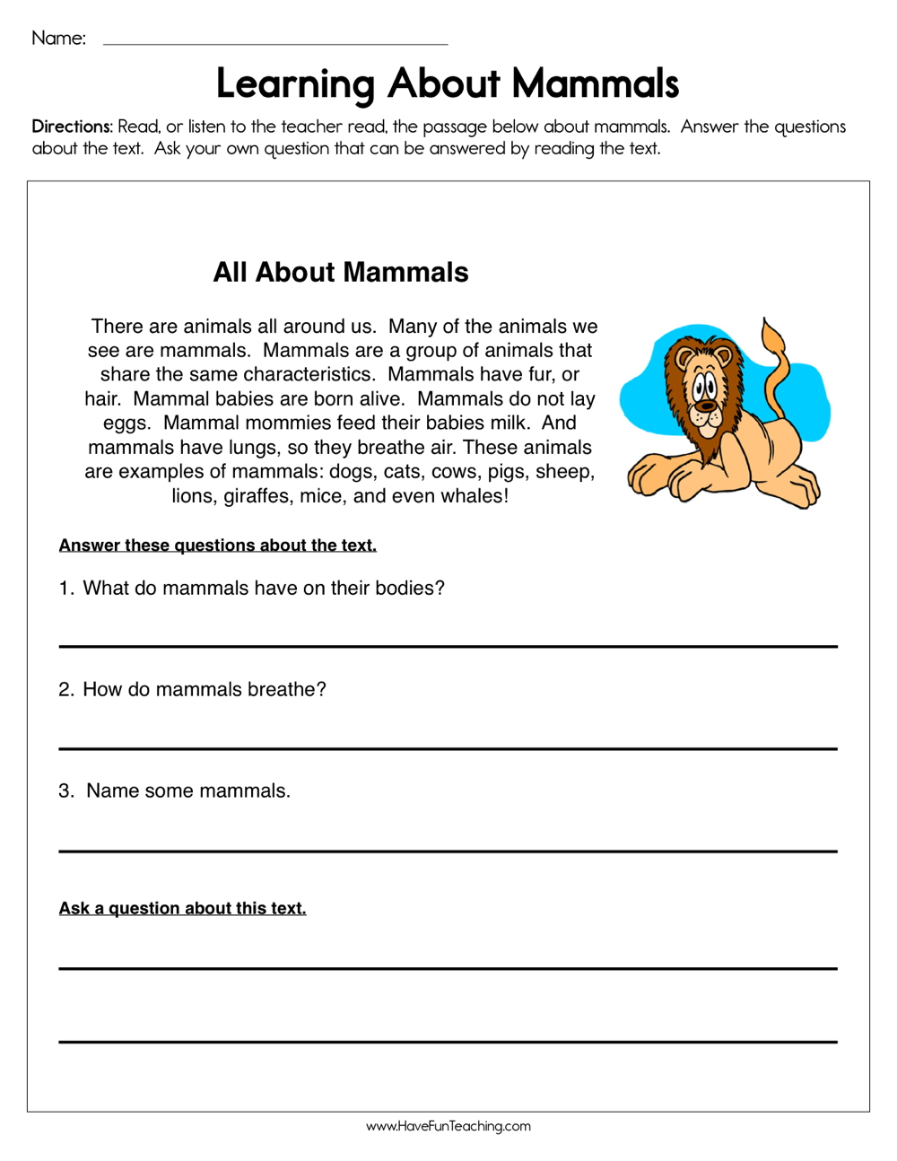 worksheet on mammals