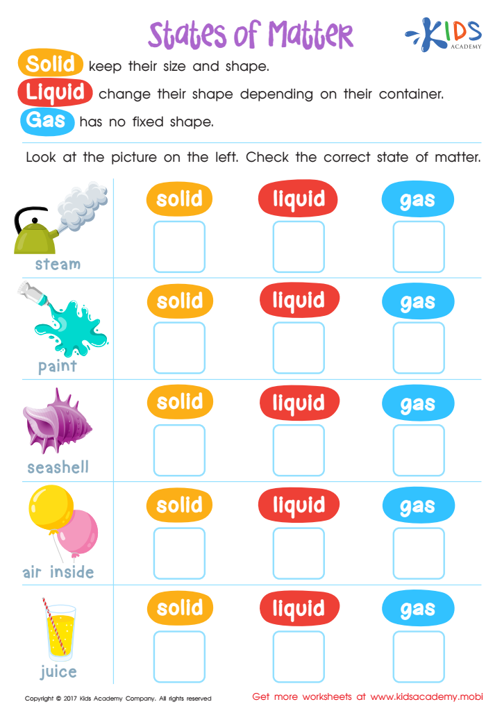 States of Matter Worksheet: Free Physical Science Printable for Kids