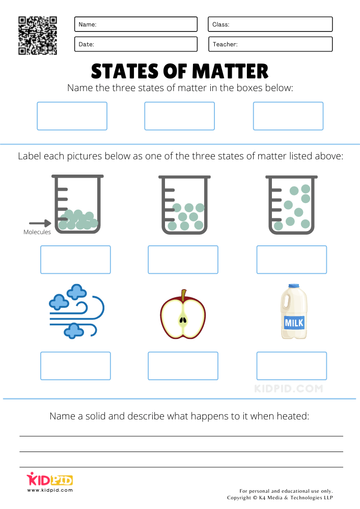States of Matter Science Worksheets for Kids - Kidpid