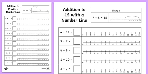 Addition to 15 Number line worksheet | Year 2 (teacher made)