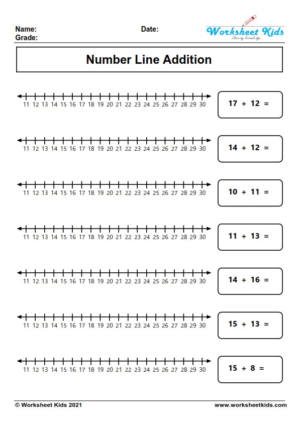 Number line addition worksheets for grade 1 - Free printable PDF