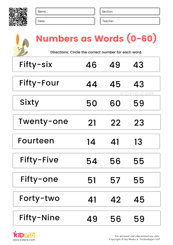 worksheet on number names for kindergarten