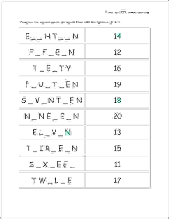 Complete the number names and match them with the numbers 11-20