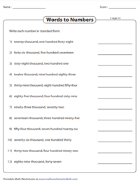 worksheet on number names to