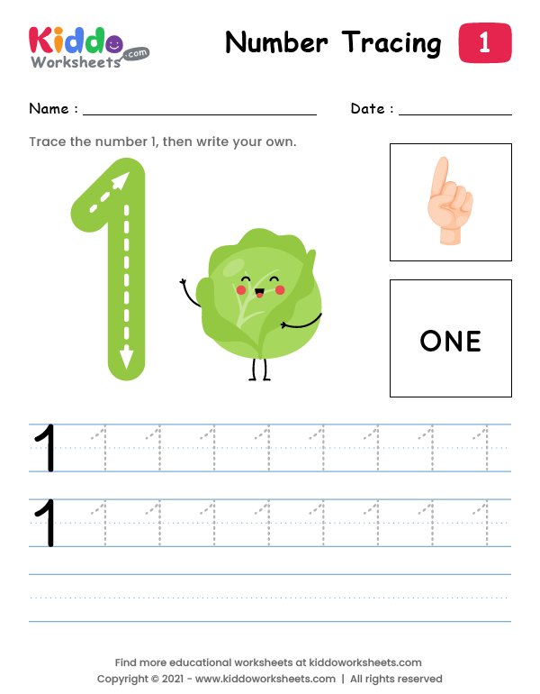 Free Printable Tracing Number One (1) Worksheet - kiddoworksheets