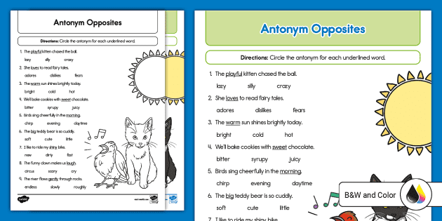 worksheet on opposites for grade