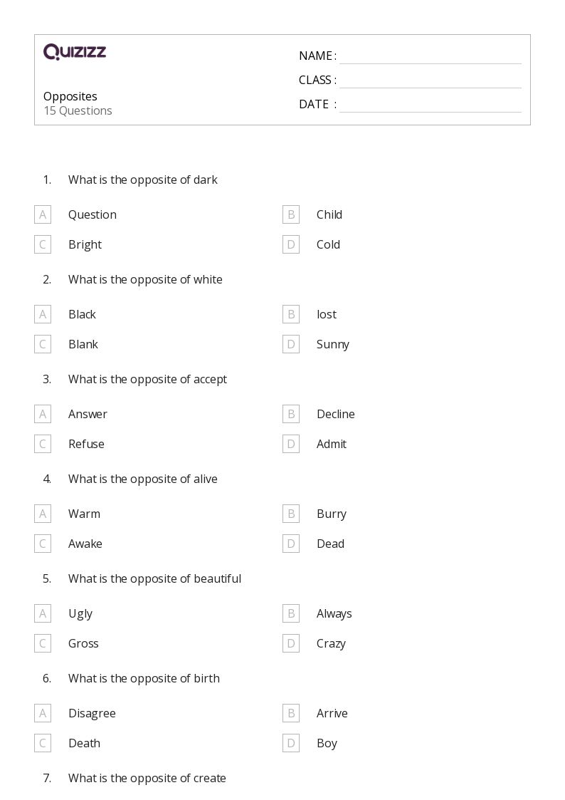 worksheet on opposites for grade