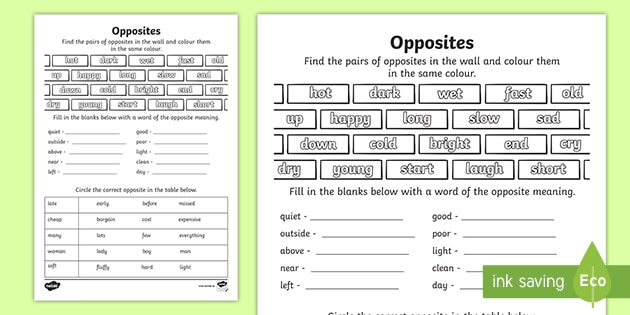 worksheet on opposites for