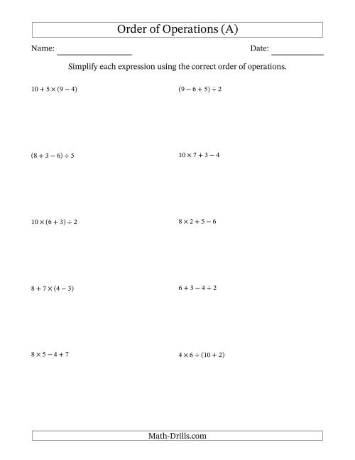 worksheet on order of operations