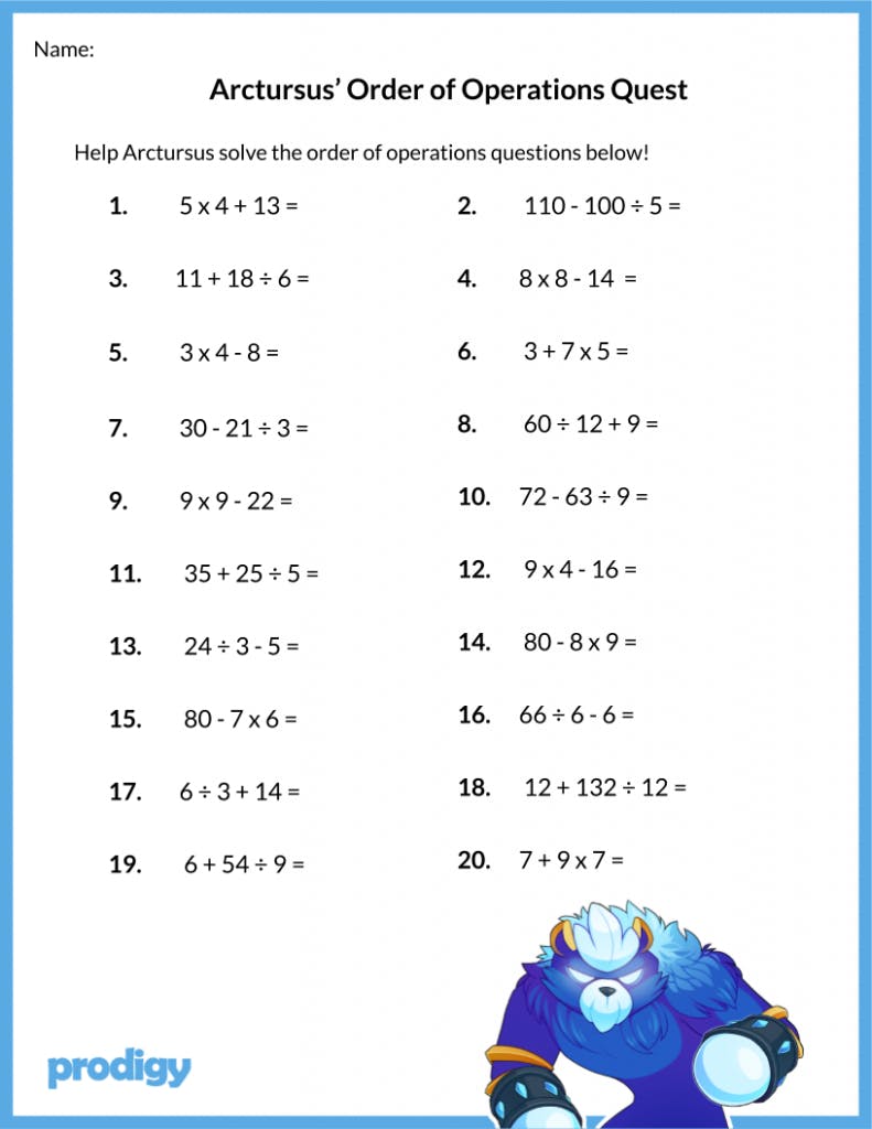 worksheet on order of operations