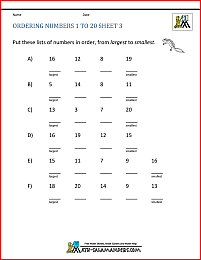 worksheet on ordering numbers to 20