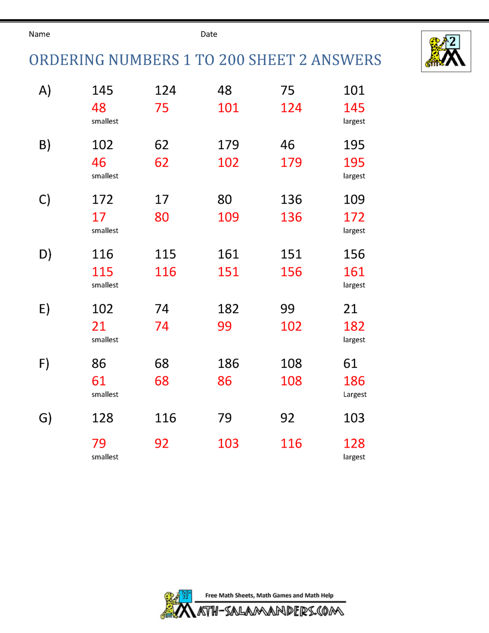 Ordering Numbers Worksheets up to 1000