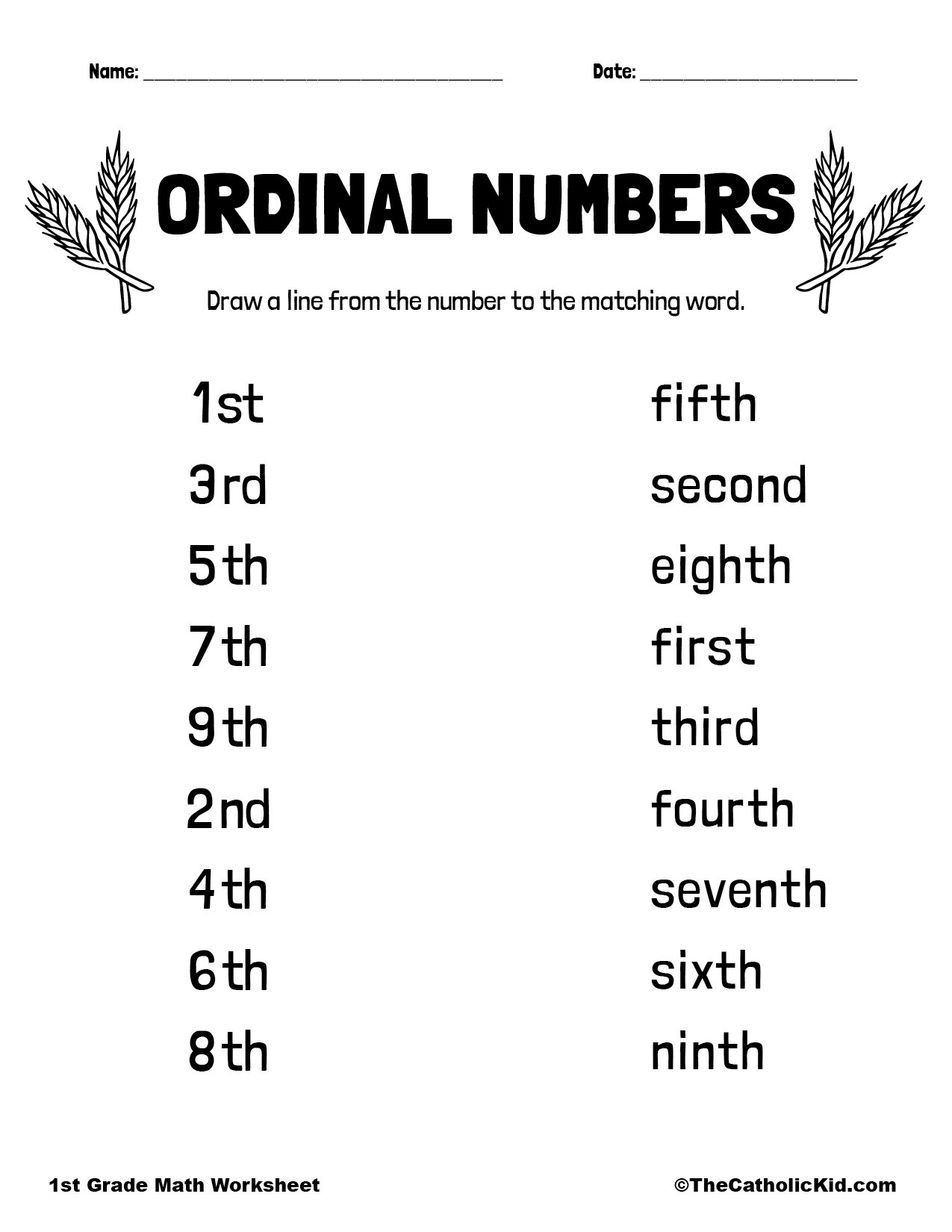 Ordinal Numbers Worksheet - TheCatholicKid.com