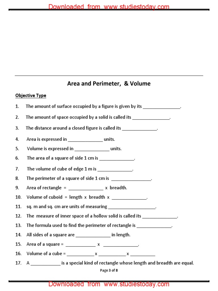 CBSE Class 5 Mathematics Worksheet - Area and Perimeter | Download ...