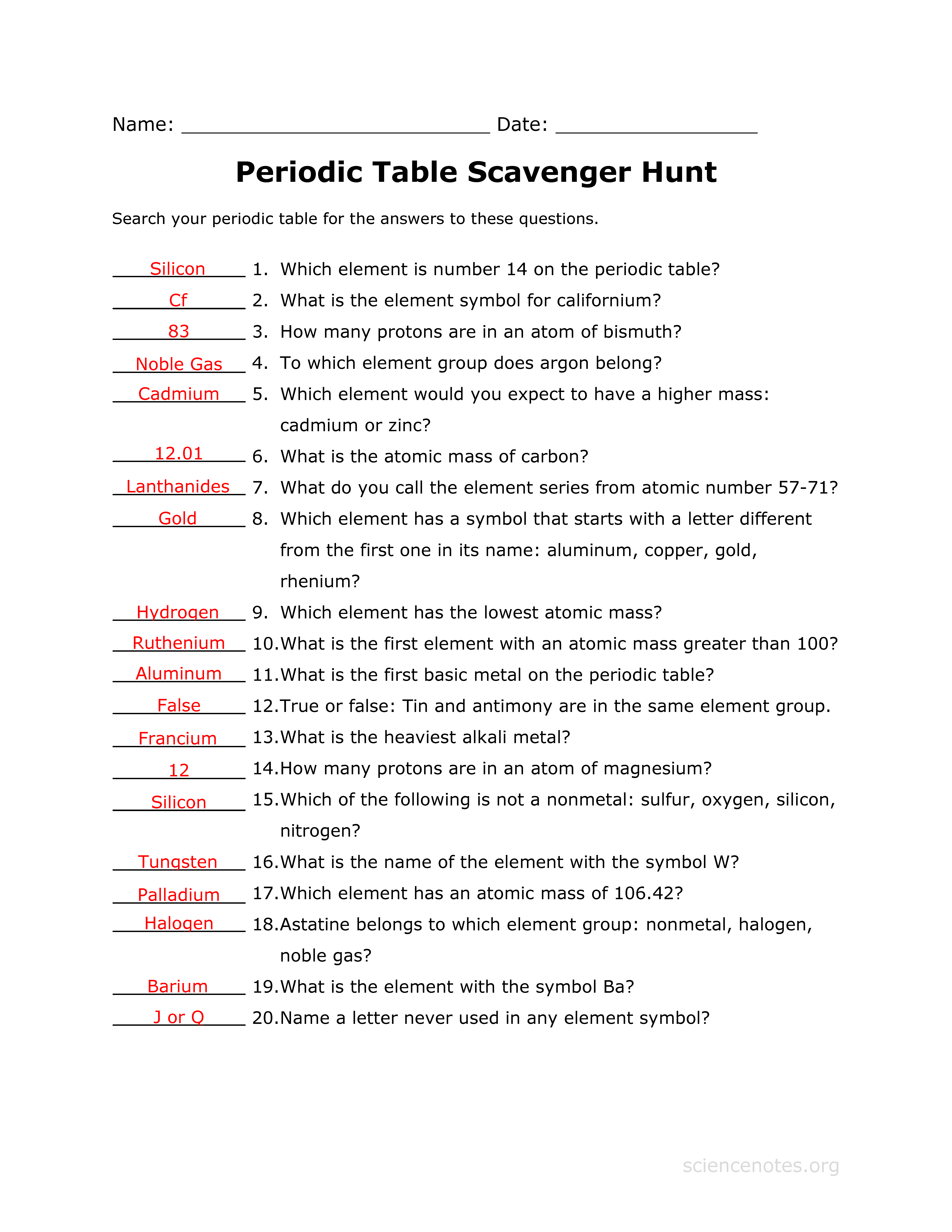 Periodic Table Scavenger Hunt Worksheet
