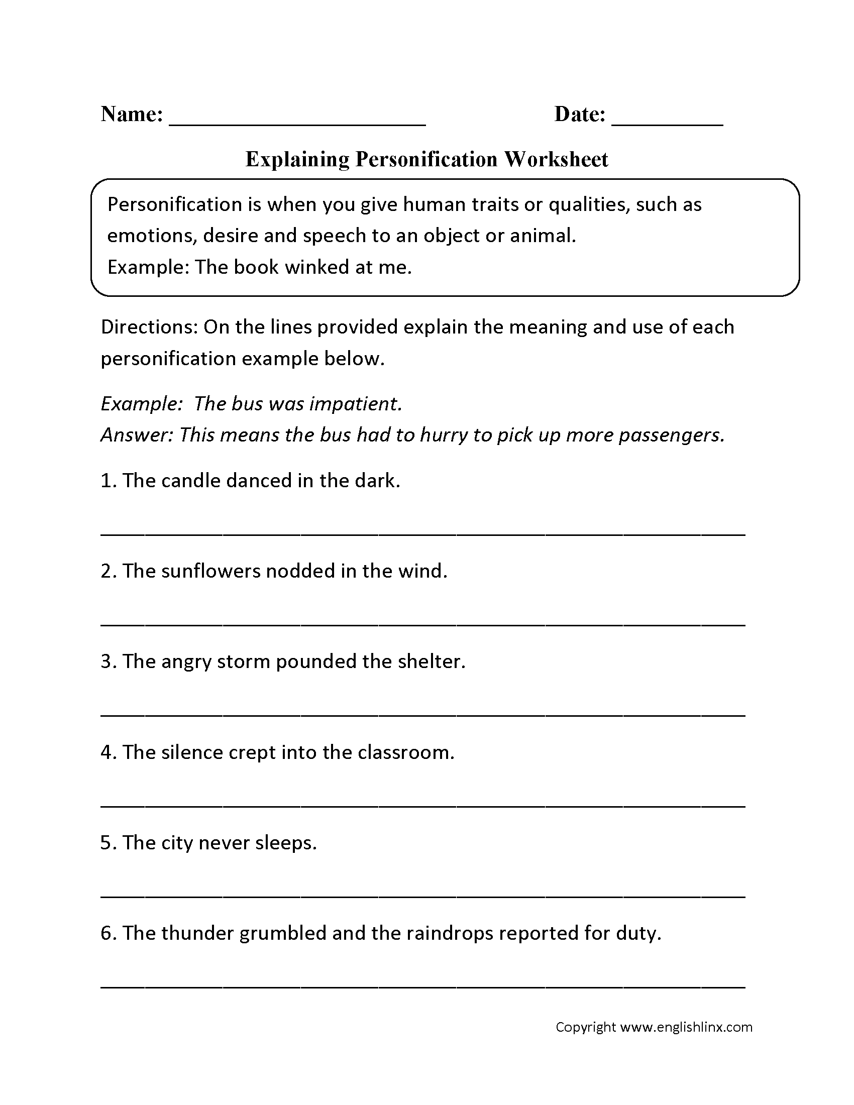 worksheet on personification