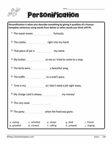worksheet on personification