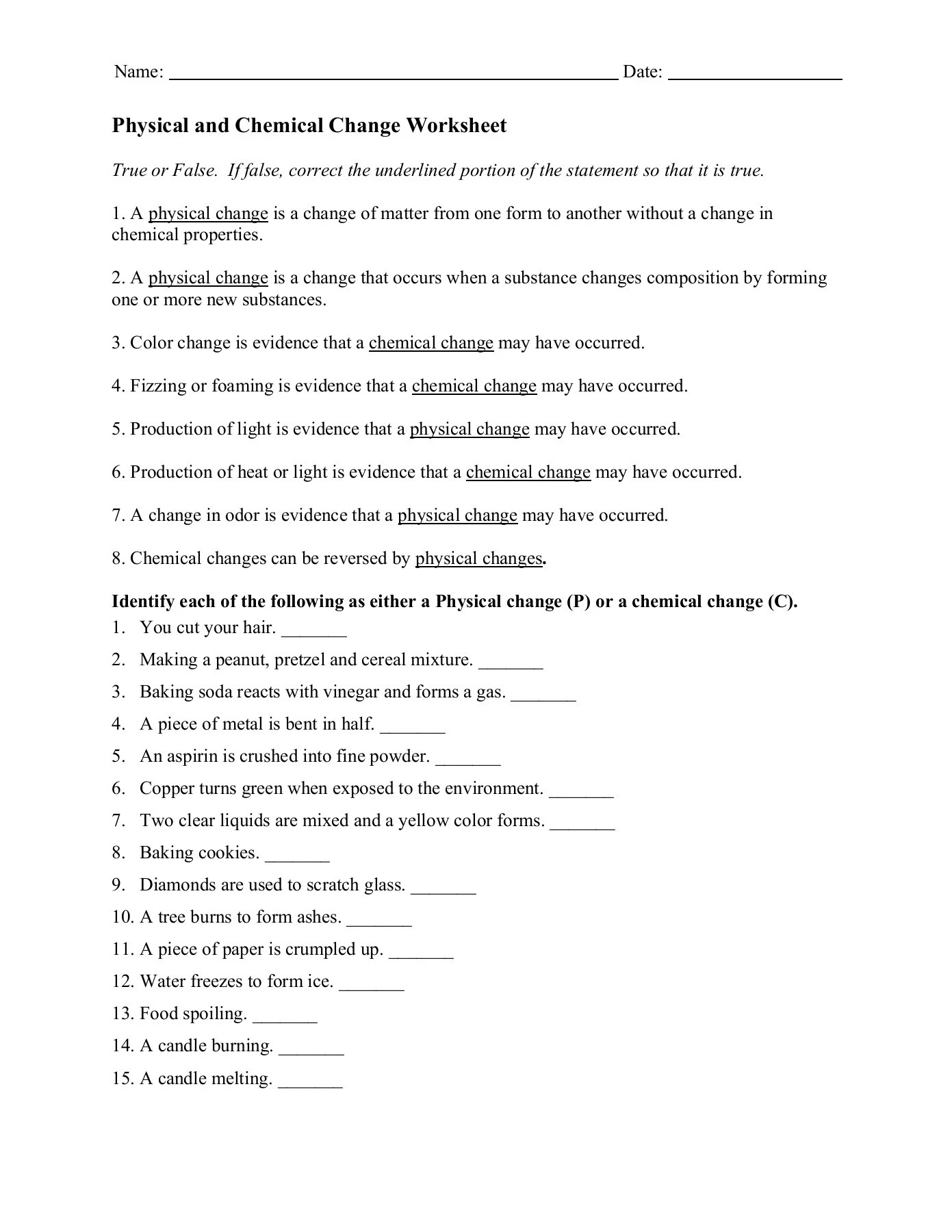 Physical and Chemical Change Worksheet