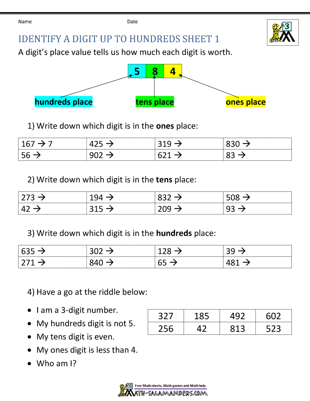 worksheet on place value grade