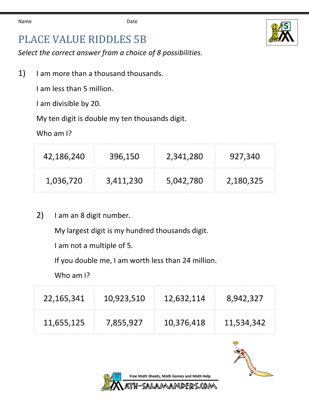 Place Value Worksheet - up to 10 million