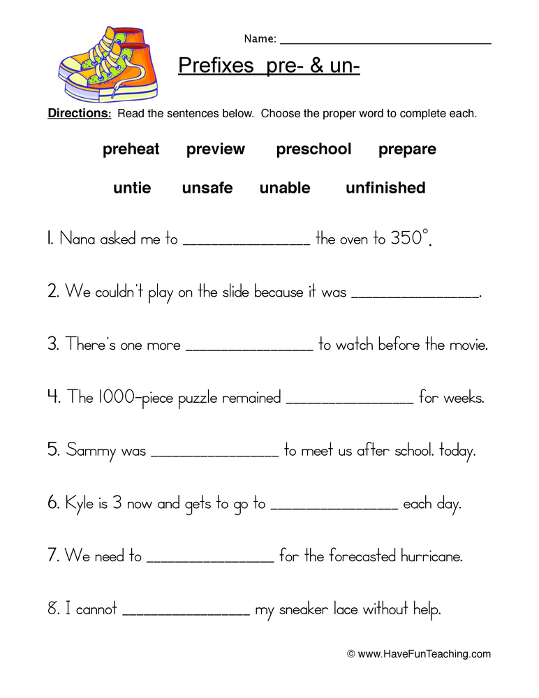 Pre- and Un- Prefixes Worksheet  
