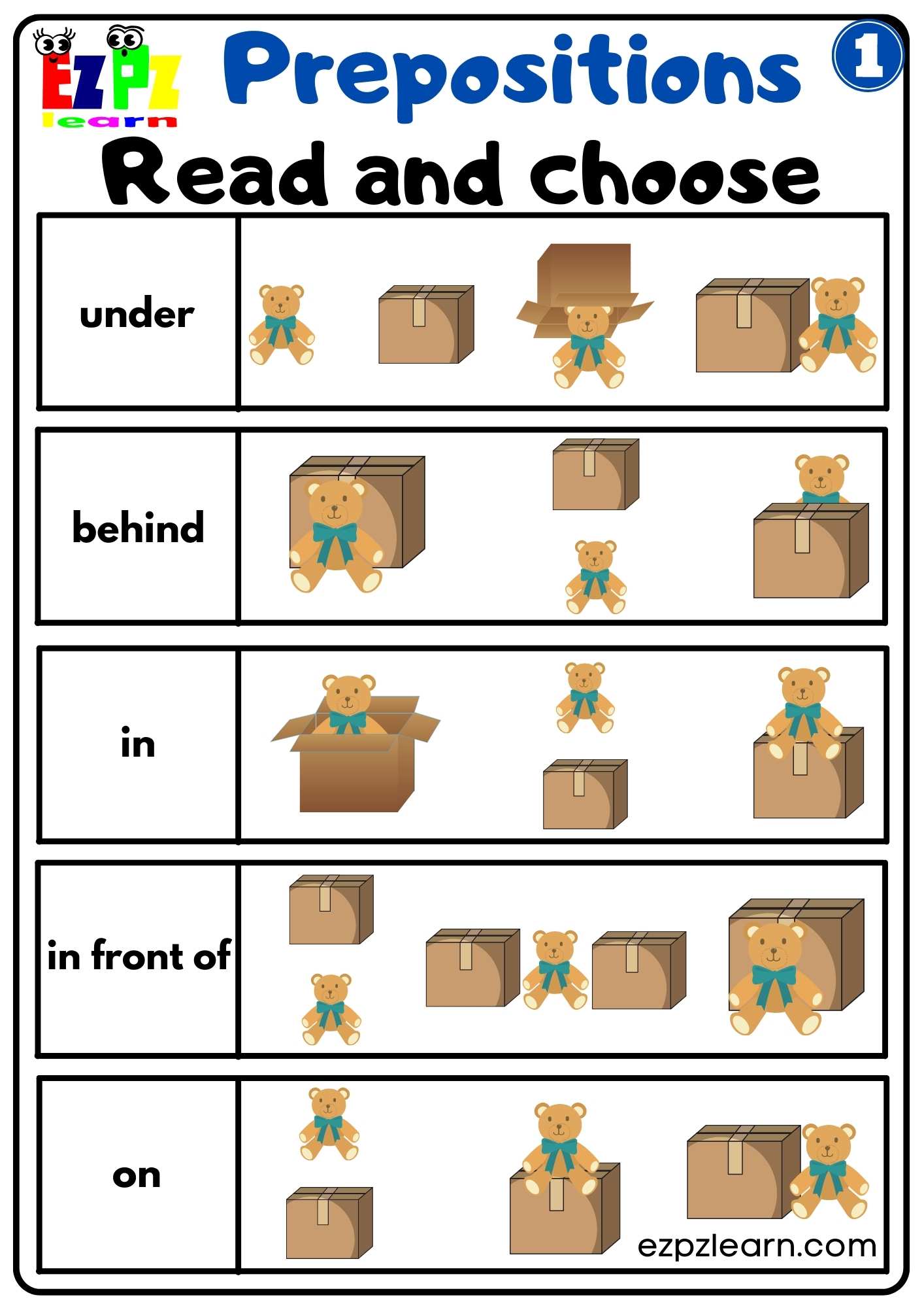 Prepositions of Place Read and Choose Worksheet for Kindergarten
