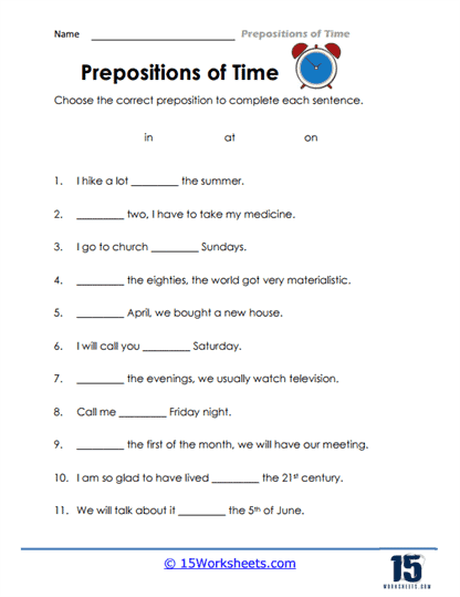 Prepositions of Time Worksheets - 15 Worksheets Library