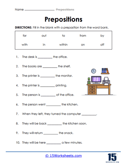 worksheet on prepositions