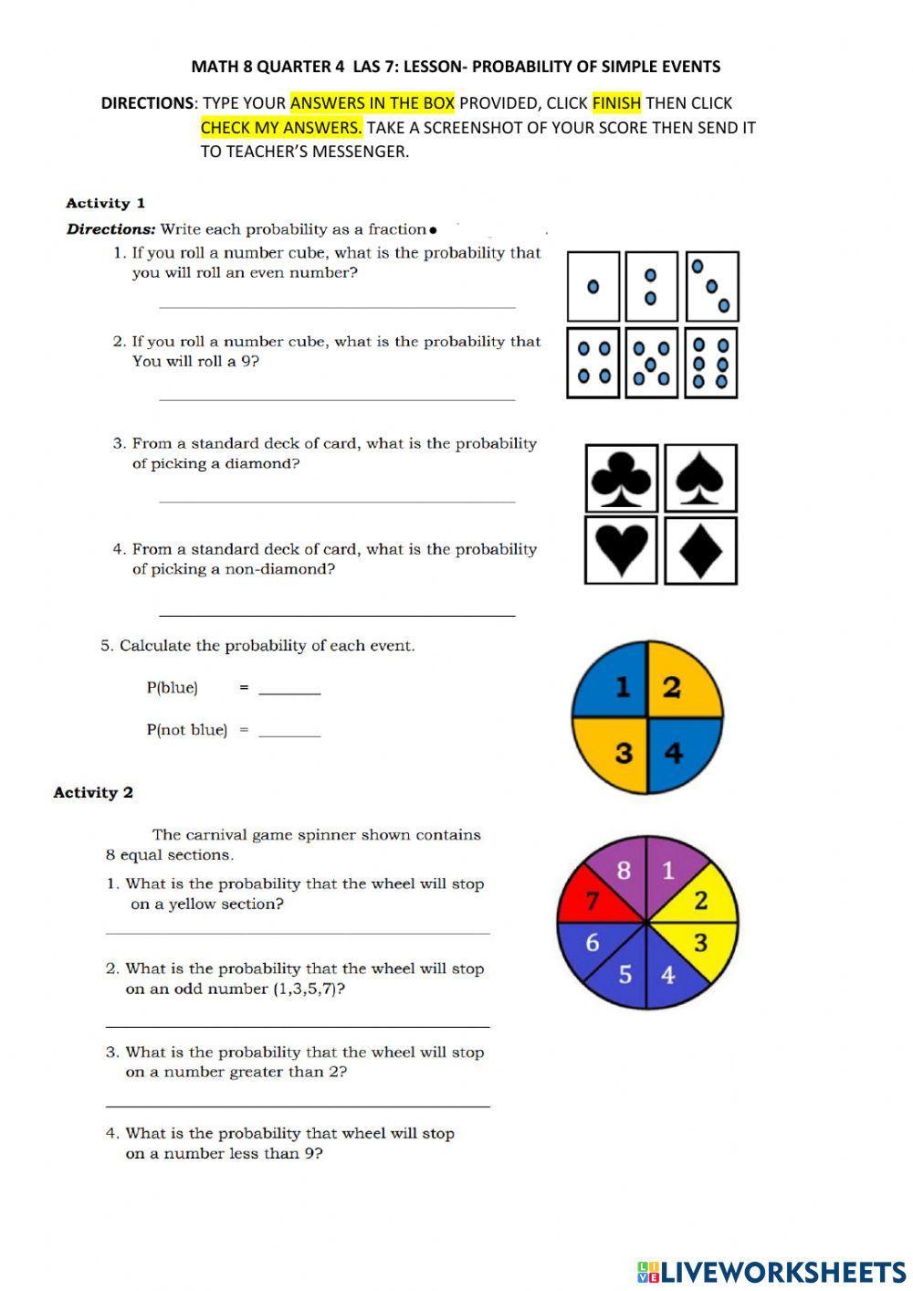 Probability online exercise for Grade 8  