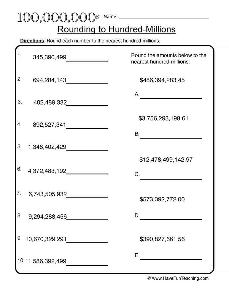 Rounding to Hundred Millions Worksheet  