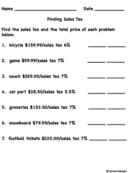 worksheet on sales tax