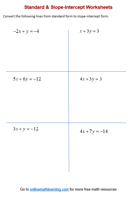 Standard &  Slope-Intercept Forms Worksheets (printable, online ...