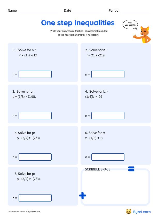 Solve One-Step Inequalities Worksheets [PDF] (7.EE.B.4.A): 7th ...