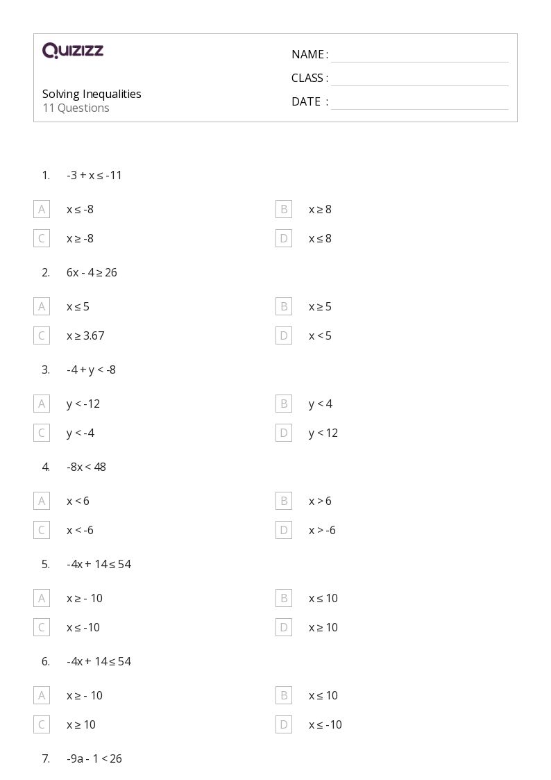 50+ Solving Inequalities worksheets for 1st Year on Quizizz | Free ...