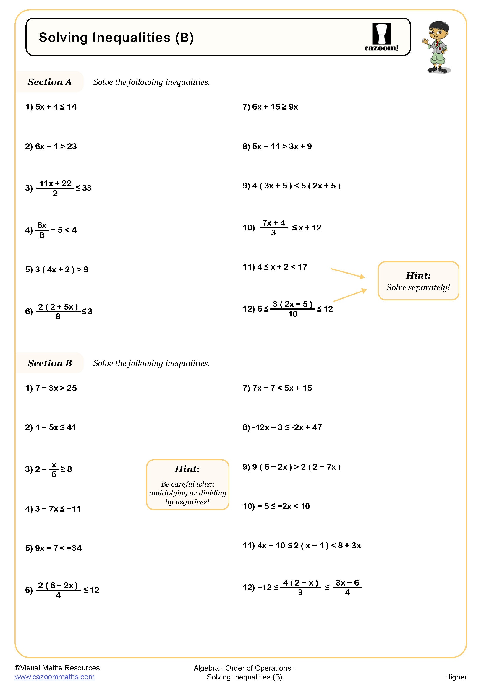 Solving Inequalities (B) Worksheet | Cazoom Maths Worksheets