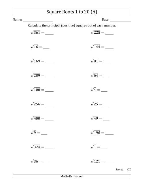 Principal Square Roots 1 to 20 (A)