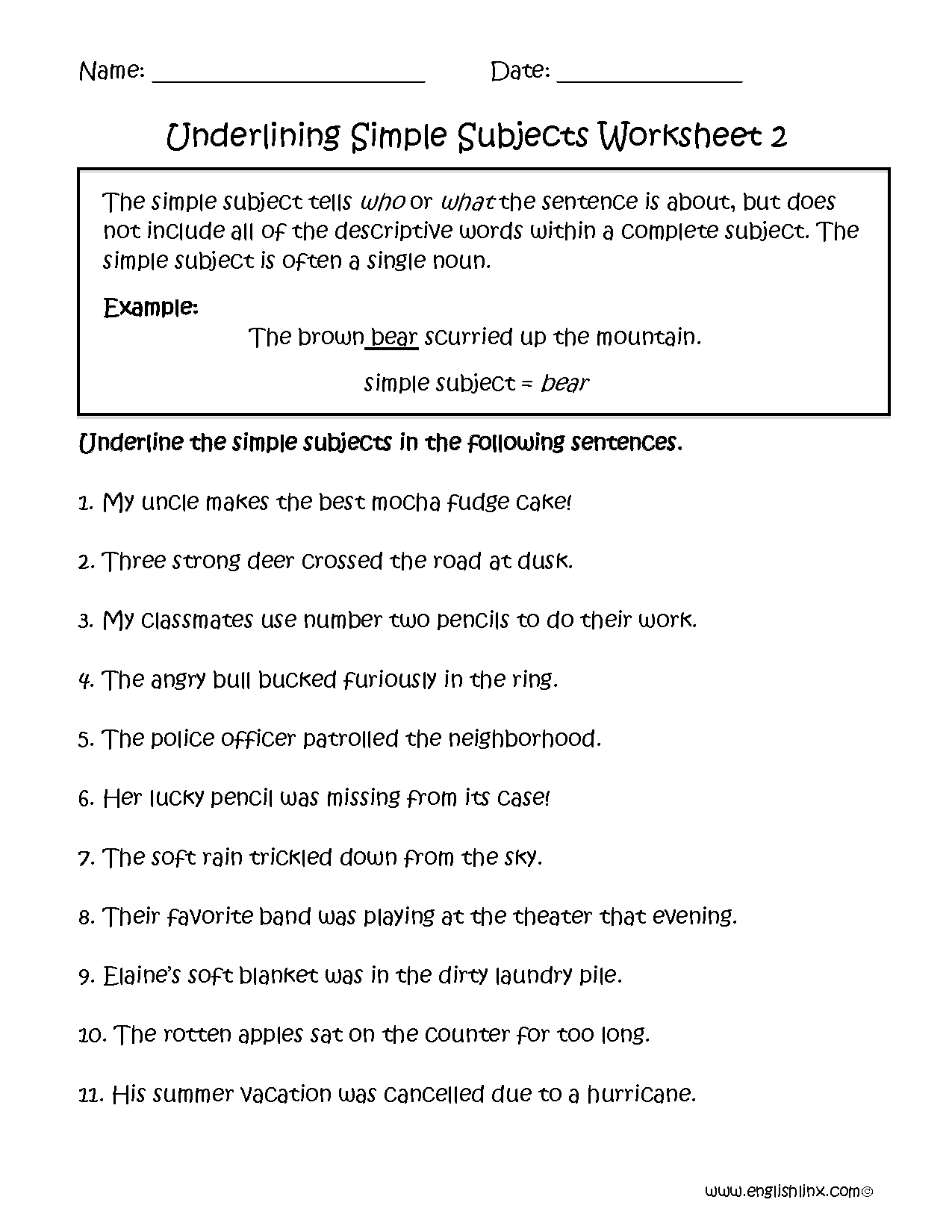 worksheet on subject and predicate