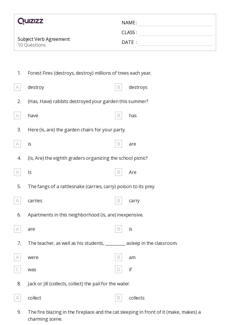 worksheet on subject verb agreement for grade 8