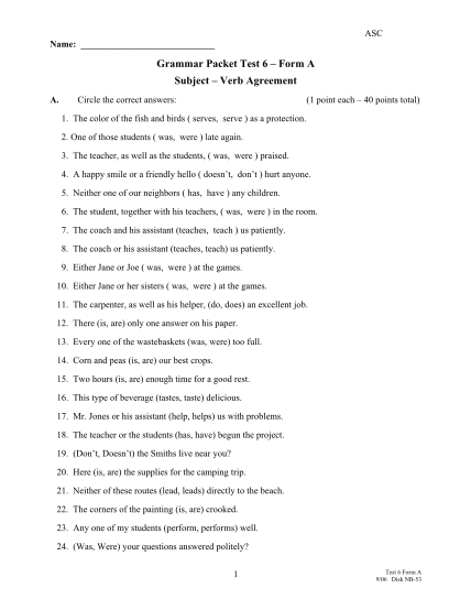worksheet on subject verb agreement for grade 8
