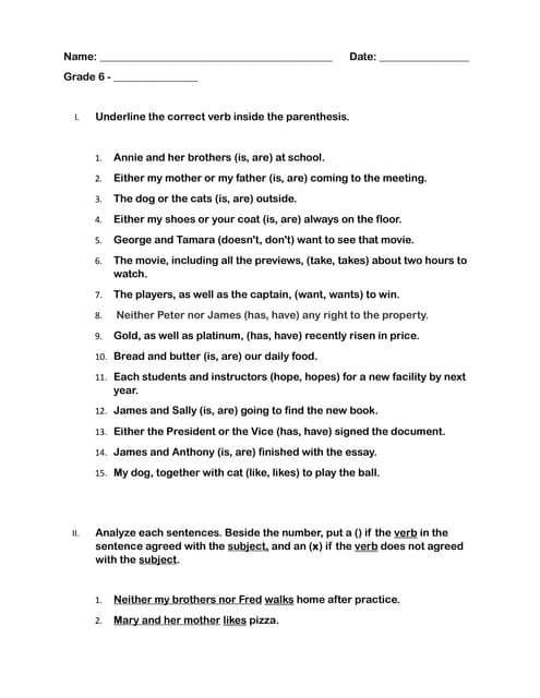 Quiz (grade 6) : Subject Verb Agreement | PDF